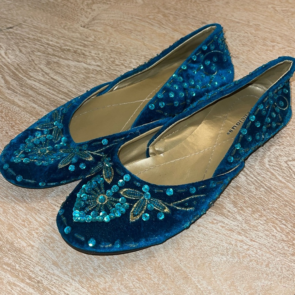 Vintage Delicious Beaded Embroidered Flats Y2K 90s Blue Teal Shoe 8